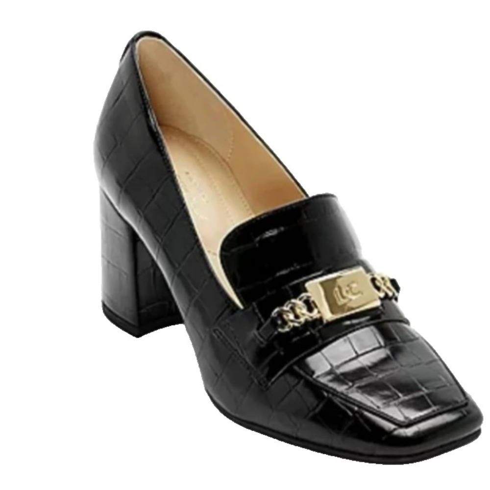 Liz Claiborne Melba Croc Shiny Black Block Chunky Heel Loafer Gold Womens Size 7
